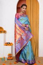 Very Much Indian Authentic Dual Tone Powder Blue Paithani - Distacart