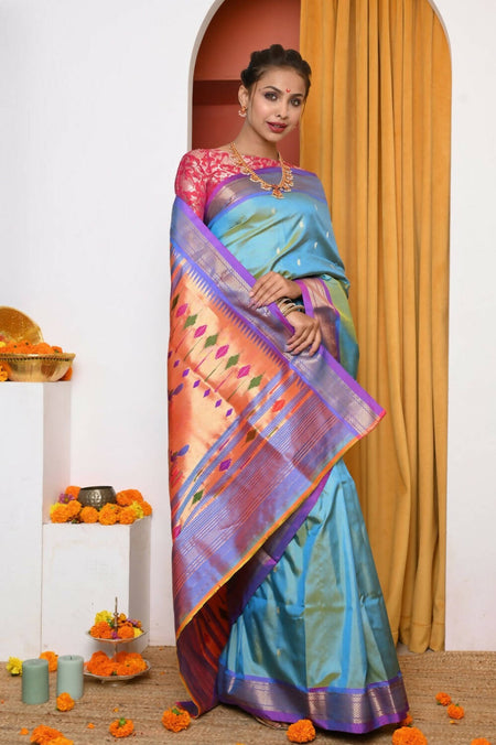 Very Much Indian Authentic Dual Tone Powder Blue Paithani