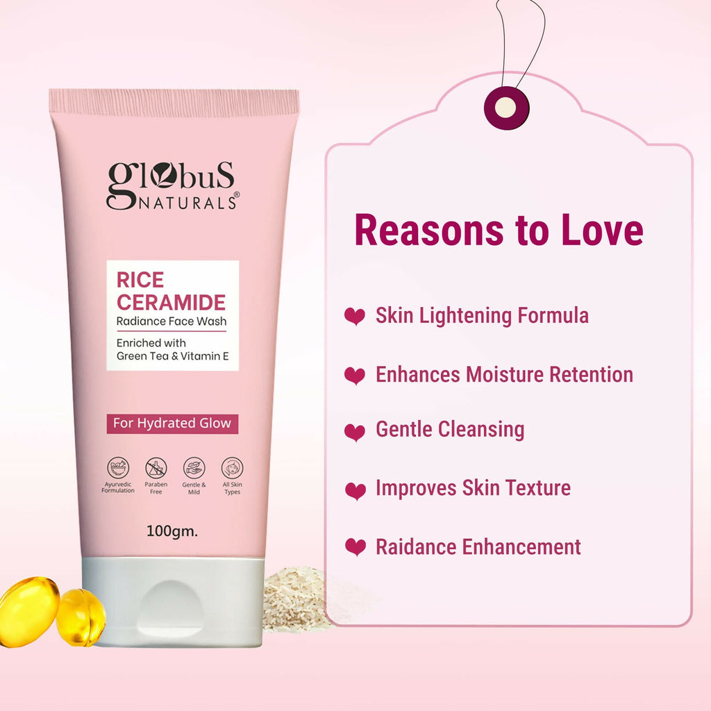Globus Naturals Rice Ceramide Face Wash For Hydrated Glow, Enriched with Green Tea & Vitamin E