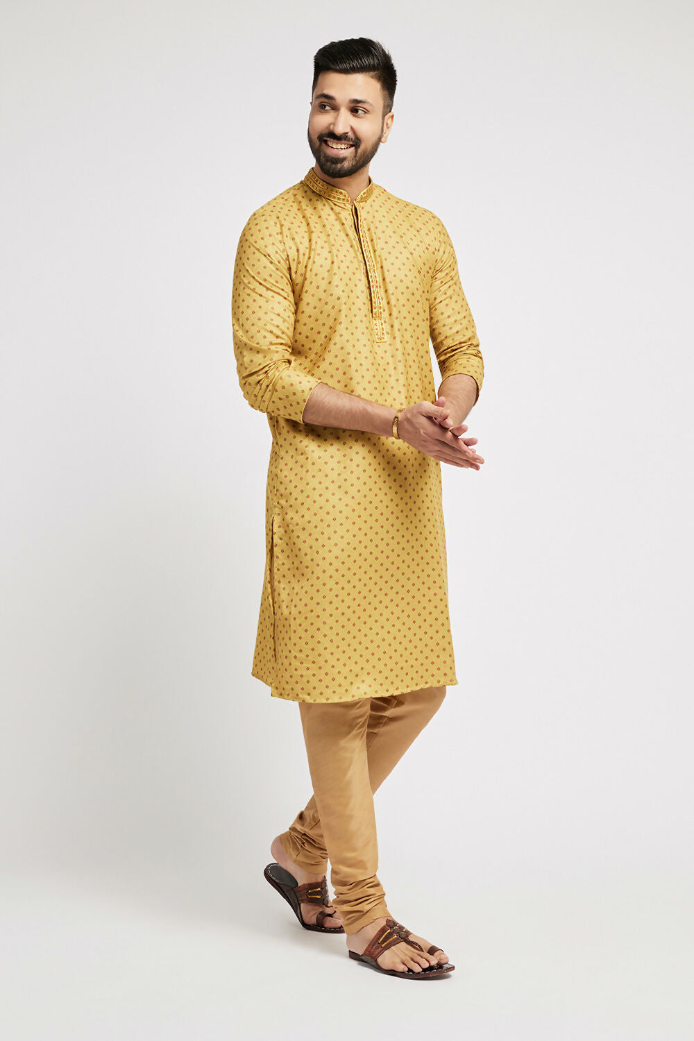 Ethnic India Yellow Men's Kurta Abstract Polyester