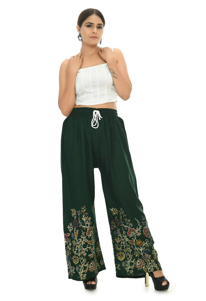 Mominos Fashion Moeza Reyon Cotton Bottle Green Floral Palazzo