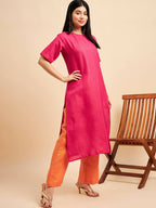 Pink Polyester solid Kurta with Palazzos - Vishwa