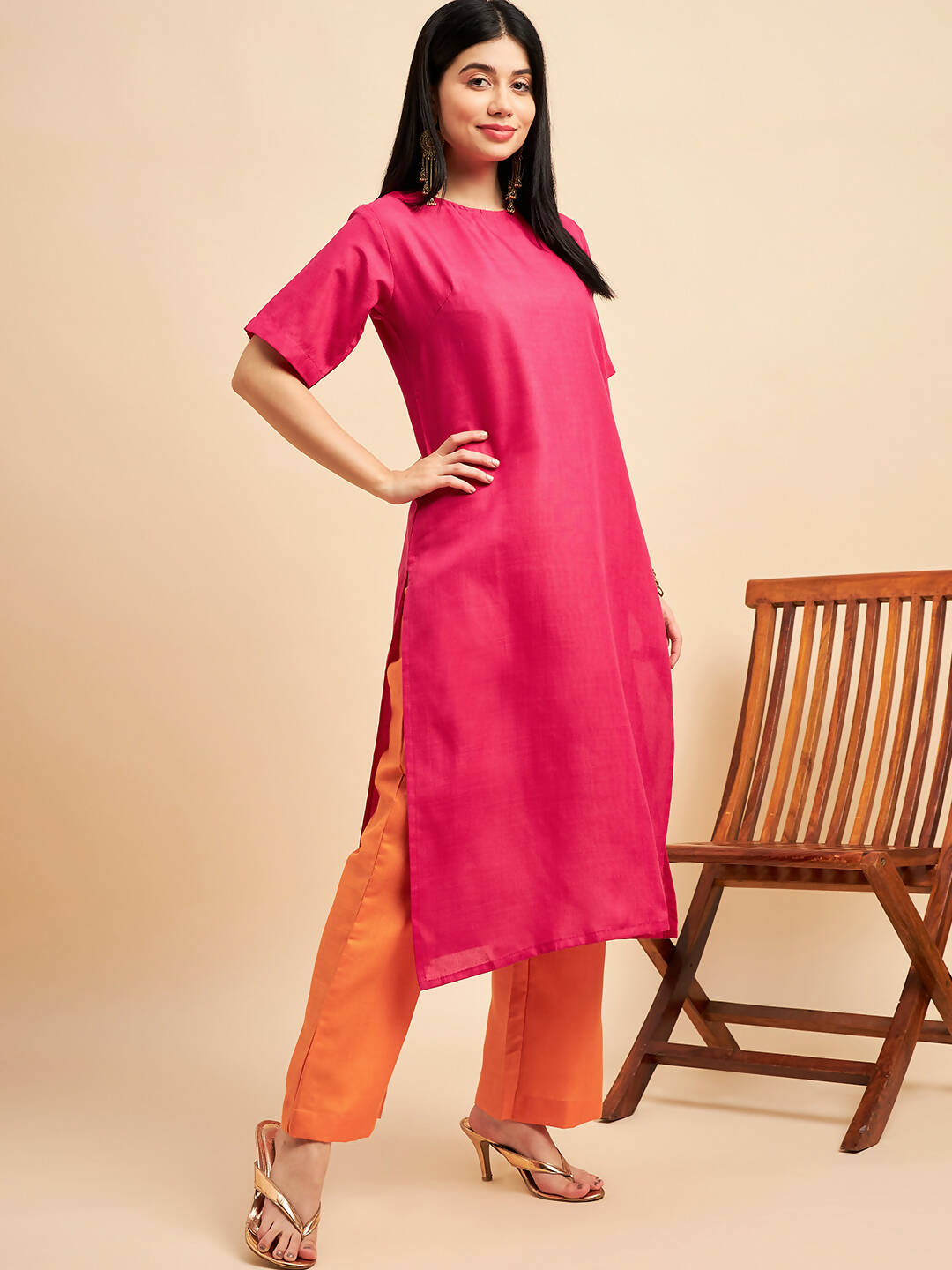 Pink Polyester solid Kurta with Palazzos - Vishwa