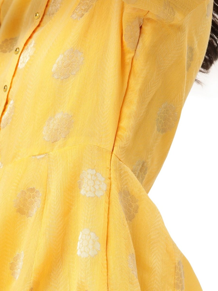 Ahalyaa Women Yellow Chanderi Jacquard Woven Dress