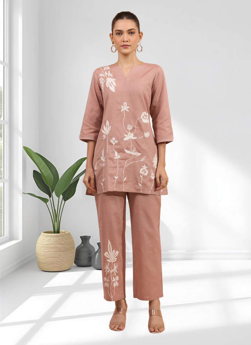 Joban Fashion Powder Pink Cotton, Linen Embroidered Readymade Cord Set - Distacart