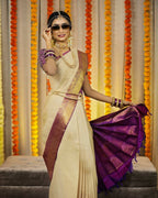 DEIANA'S Beautiful Designer Golden zari Soft Lichi Silk Saree - Cream