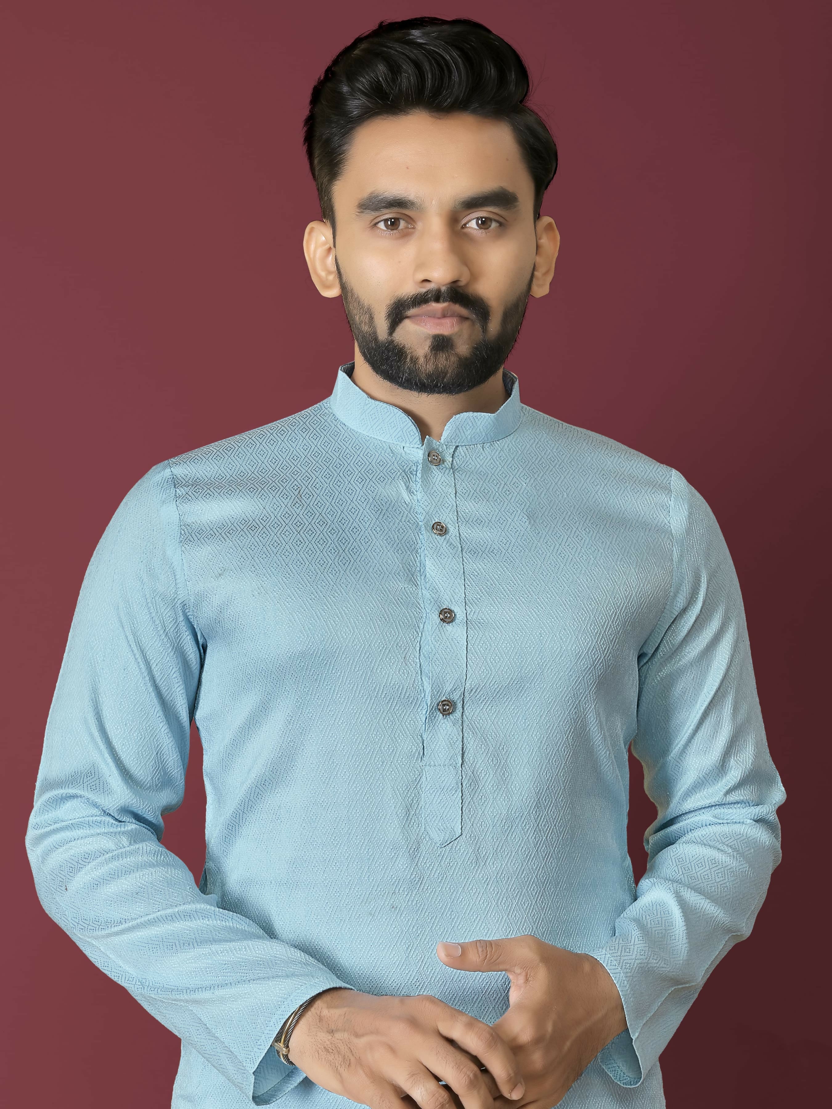 Anaita Sky Blue Solid Soft Jacquard Silk Straight Kurta