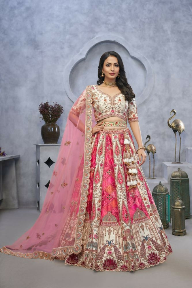 Kesar Fab Ivory Organza Embroidered Lehenga