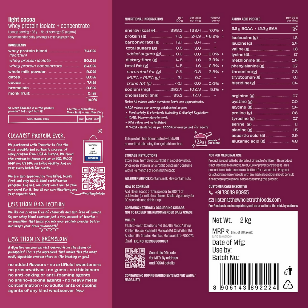 The Whole Truth Whey Protein Isolate+Concentrate - Light Cocoa - Distacart