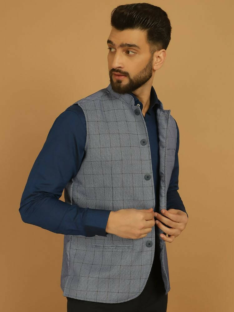 Even Apparels Nehru Jacket With Welt Pockets - Blue