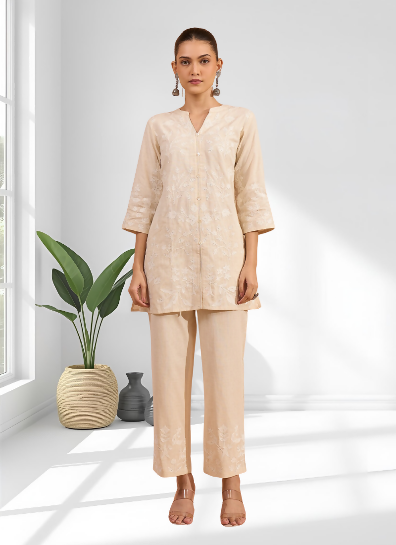 Joban Fashion Cream Linen Embroidered Readymade Cord Set - Distacart