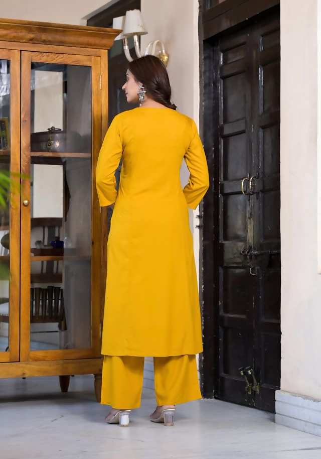Juniper Women's Mustard Thread Embroidered Rayon Kurta Set