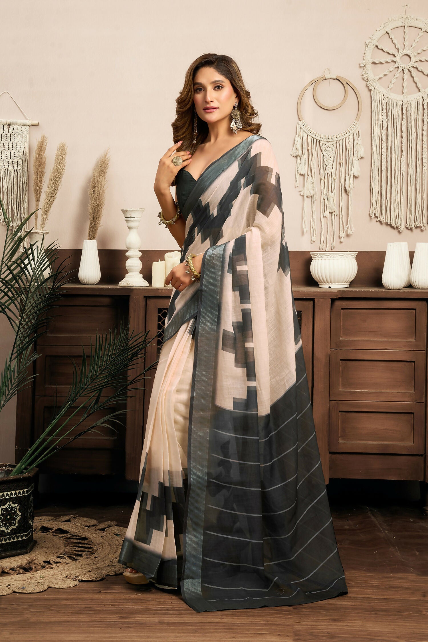 Joban Fashion White & Grey Ethnic Motifs Linen Ready To Wear Saree With Unstitched Blouse - Distacart