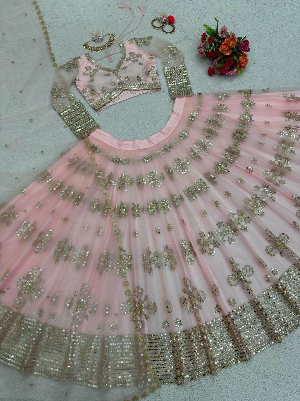 Jyoti Fashion Women's Baby Pink Butterfly Net 9MM Sequins with Thread Embroidered Designer Lehenga Choli Set