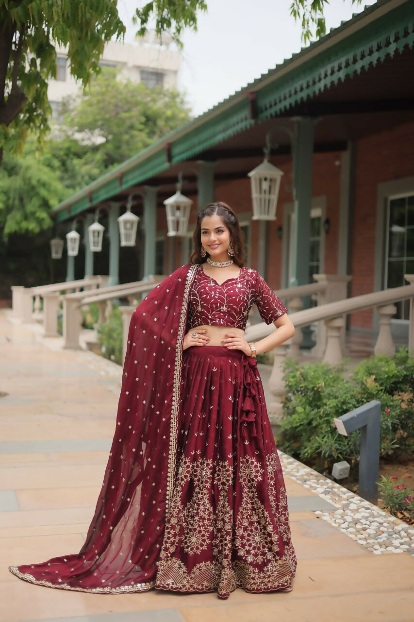 Vastranavya Designer Heavy Sequins & Thread Embroidered work Lehenga Choli - Maroon