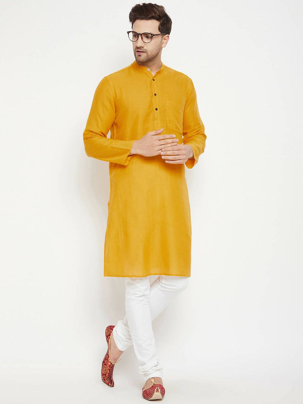 Even Apparels Yellow Pure Cotton Long Men's Kurta With Band Collar - Distacart