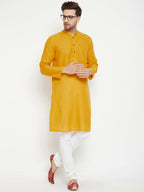 Even Apparels Yellow Pure Cotton Long Men's Kurta With Band Collar - Distacart