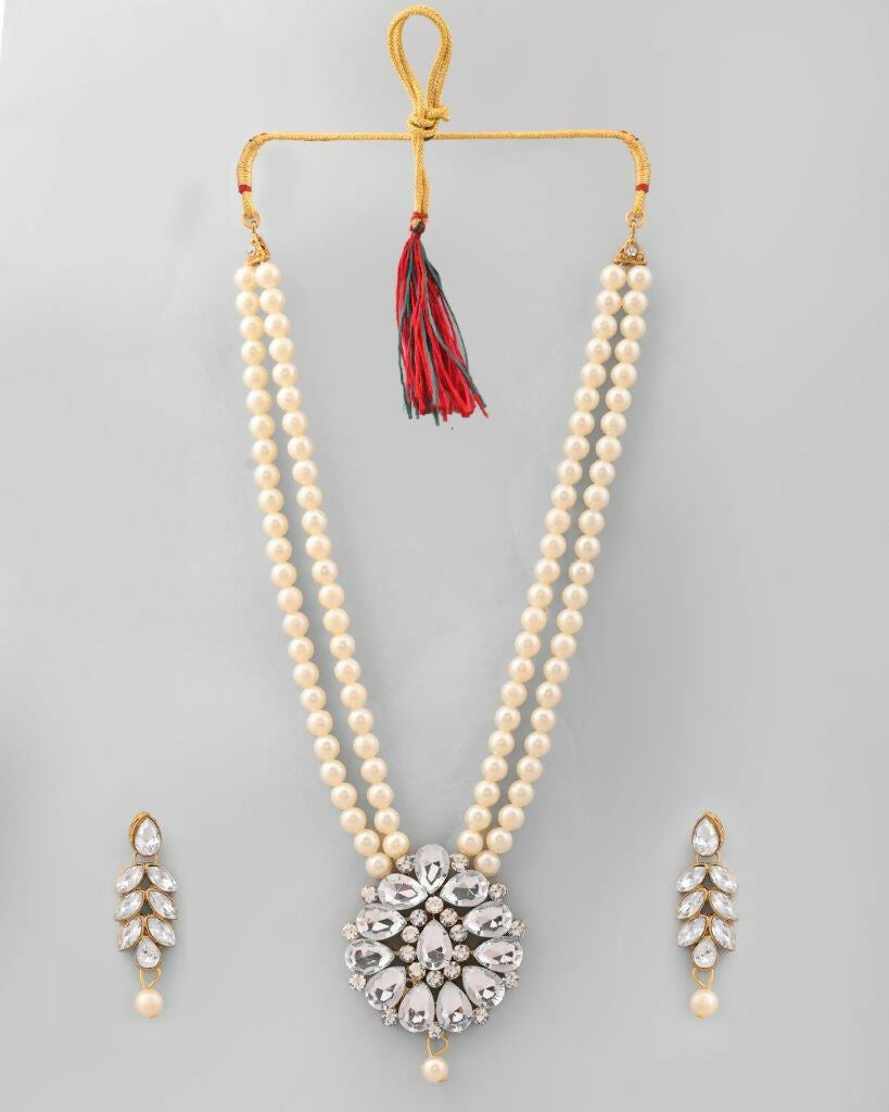 VOJ Gold-Polished Kundan Studded Pearl Long Necklace And Earrings Set