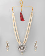 VOJ Gold-Polished Kundan Studded Pearl Long Necklace And Earrings Set