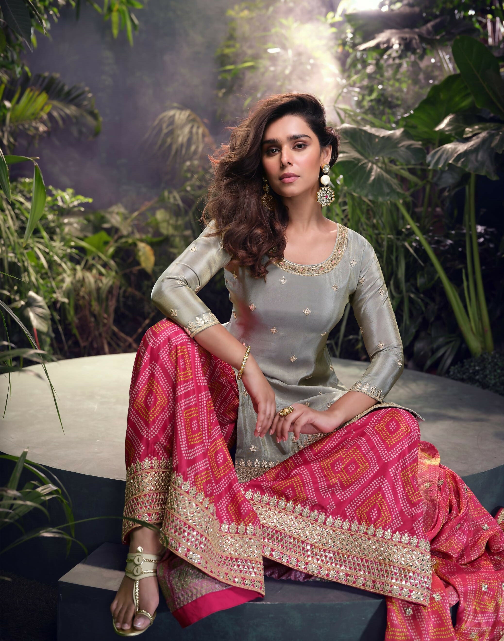 Anaita Grey Embroidered Shimmer Stitched Plazo suit - Distacart