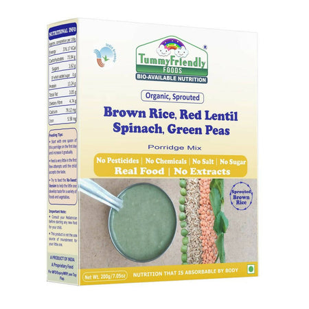TummyFriendly Foods Certified Organic Sprouted Brown Rice, Red Lentil, Spinach, Green Peas Porridge Mix