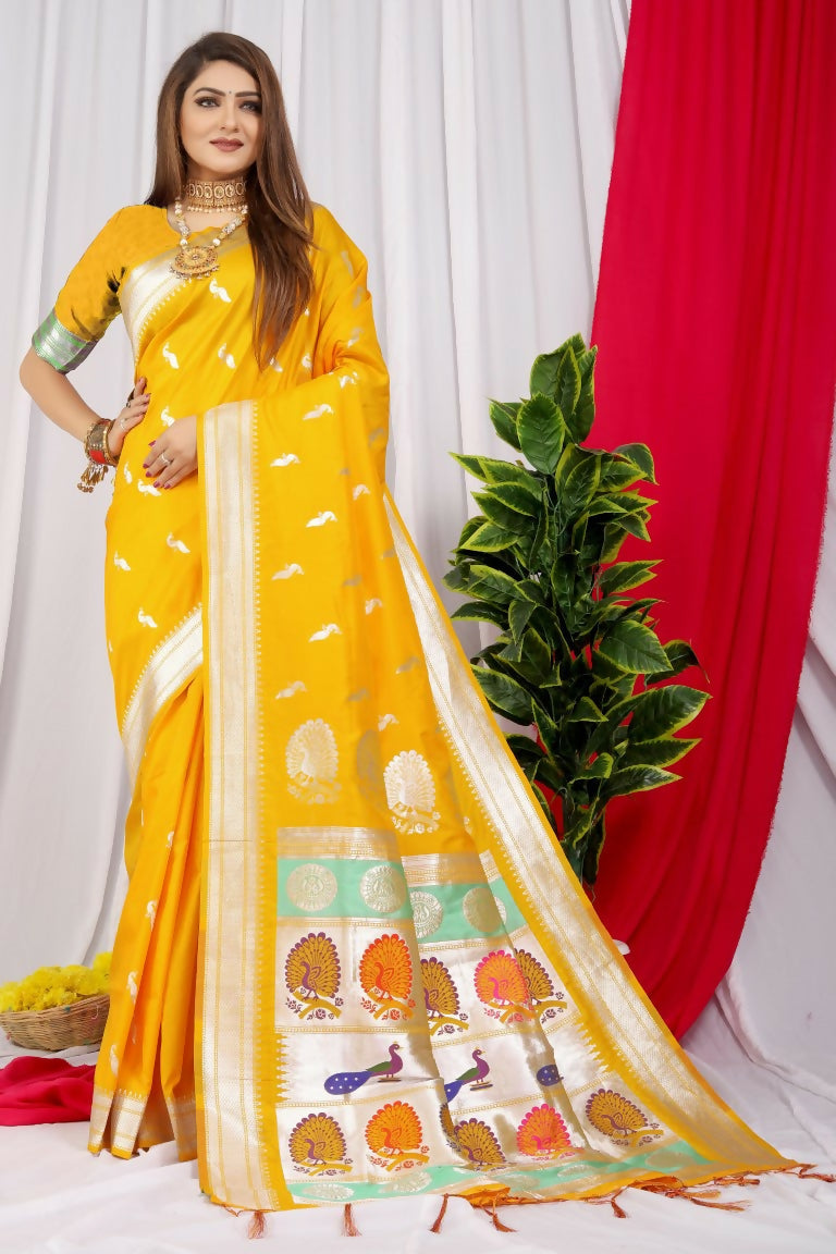 Jyoti Fashion Women's Yellow Paithani Silk Zari Woven Saree with Blouse