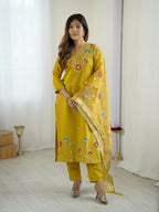 The52 Yellow Women's Gorgeous Embroidered work Viscose Gadhwal Fabric Straight Kurta, Pant and Dupatta Set - Distacart