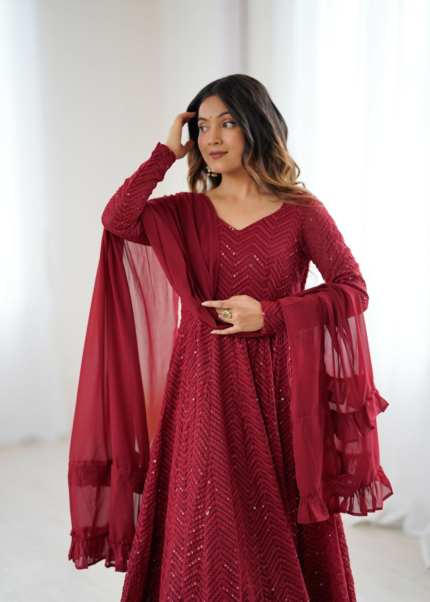 Joban Fashion Maroon Kurta Set Georgette Sequence Embroidery Work - Distacart