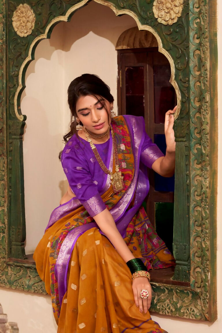 Vastranavya Mustard Poly Cotton Kalamkari Printed Saree with Unstitched Blouse