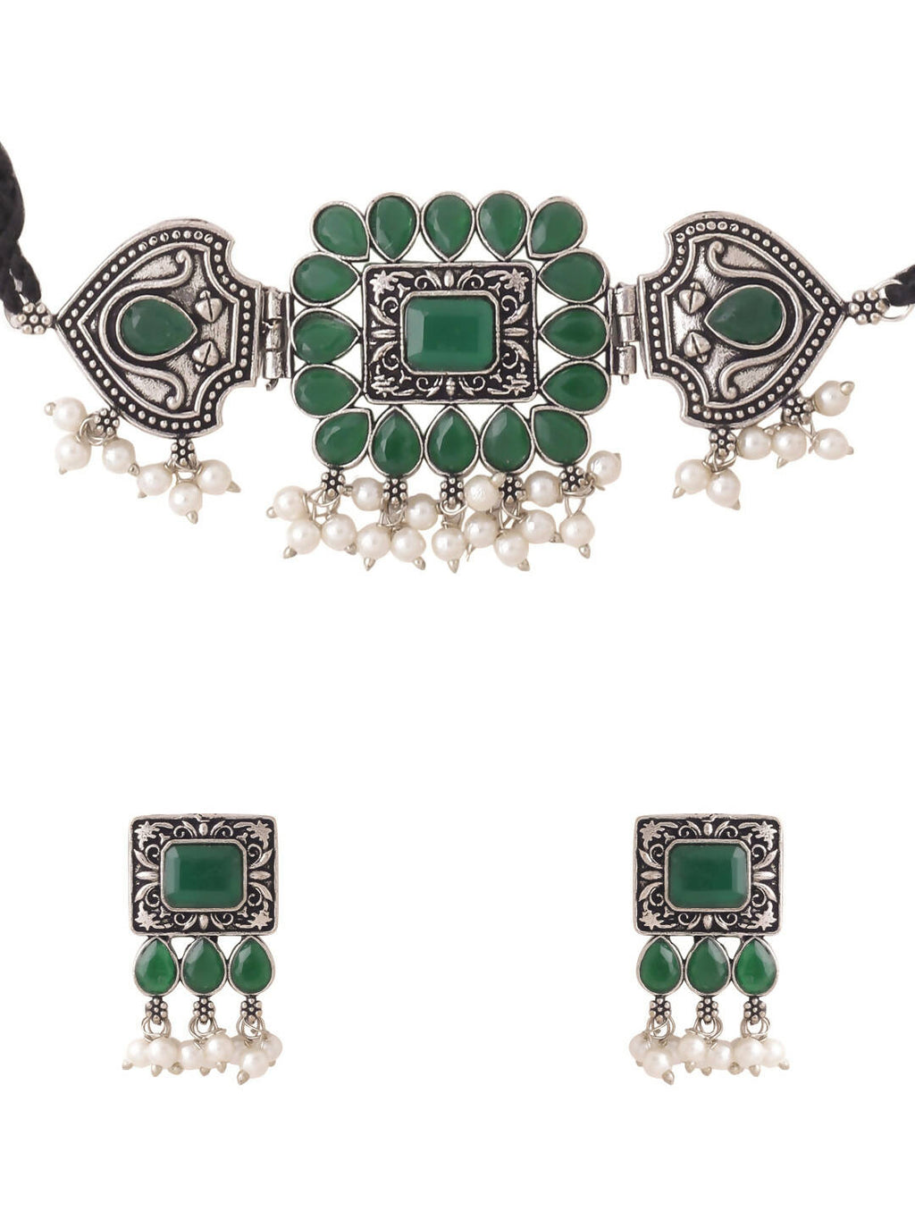 NVR Women's Oxidised Silver Plated Green Color Stone Jewellery Set With Earrings - Distacart