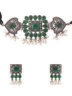 NVR Women's Oxidised Silver Plated Green Color Stone Jewellery Set With Earrings - Distacart