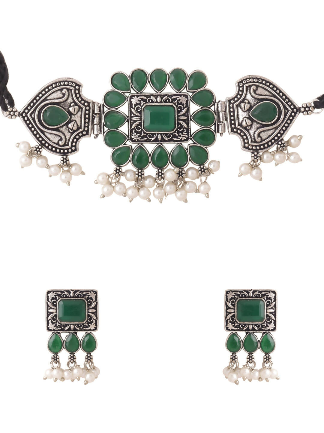 NVR Women's Oxidised Silver Plated Green Color Stone Jewellery Set With Earrings - Distacart