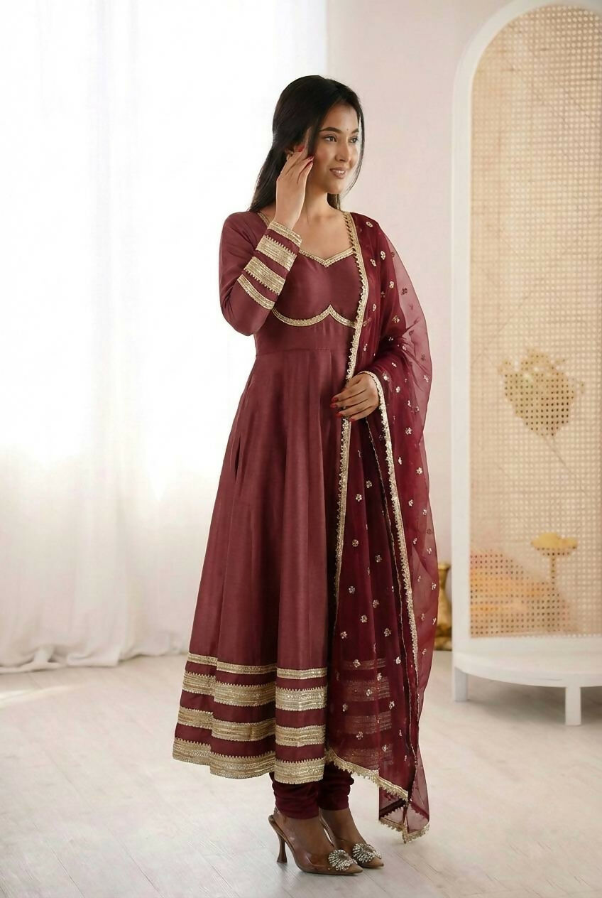Teeya Creation Maroon Cosmos Gold Lace Work Party Wear Gown - Distacart