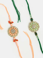 NVR Men Set of 2 Pink & Green Stone-Studded Rakhi With Roli Chawal & Chocolate - Distacart