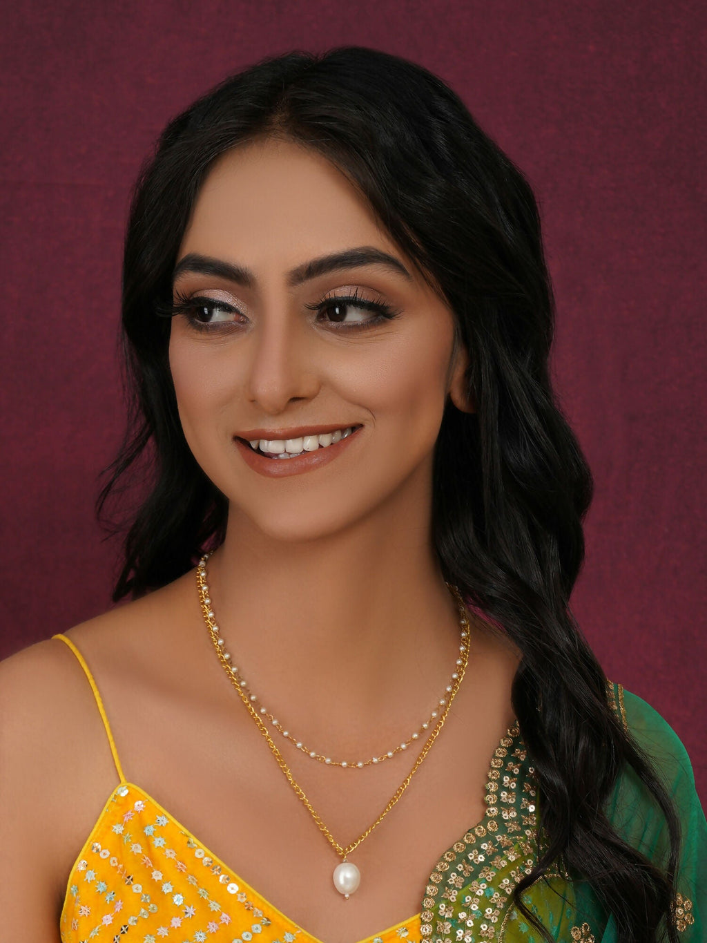 Layered Pearl and Gold Neckpiece with Emeralds (Gold) - Ruby Raang