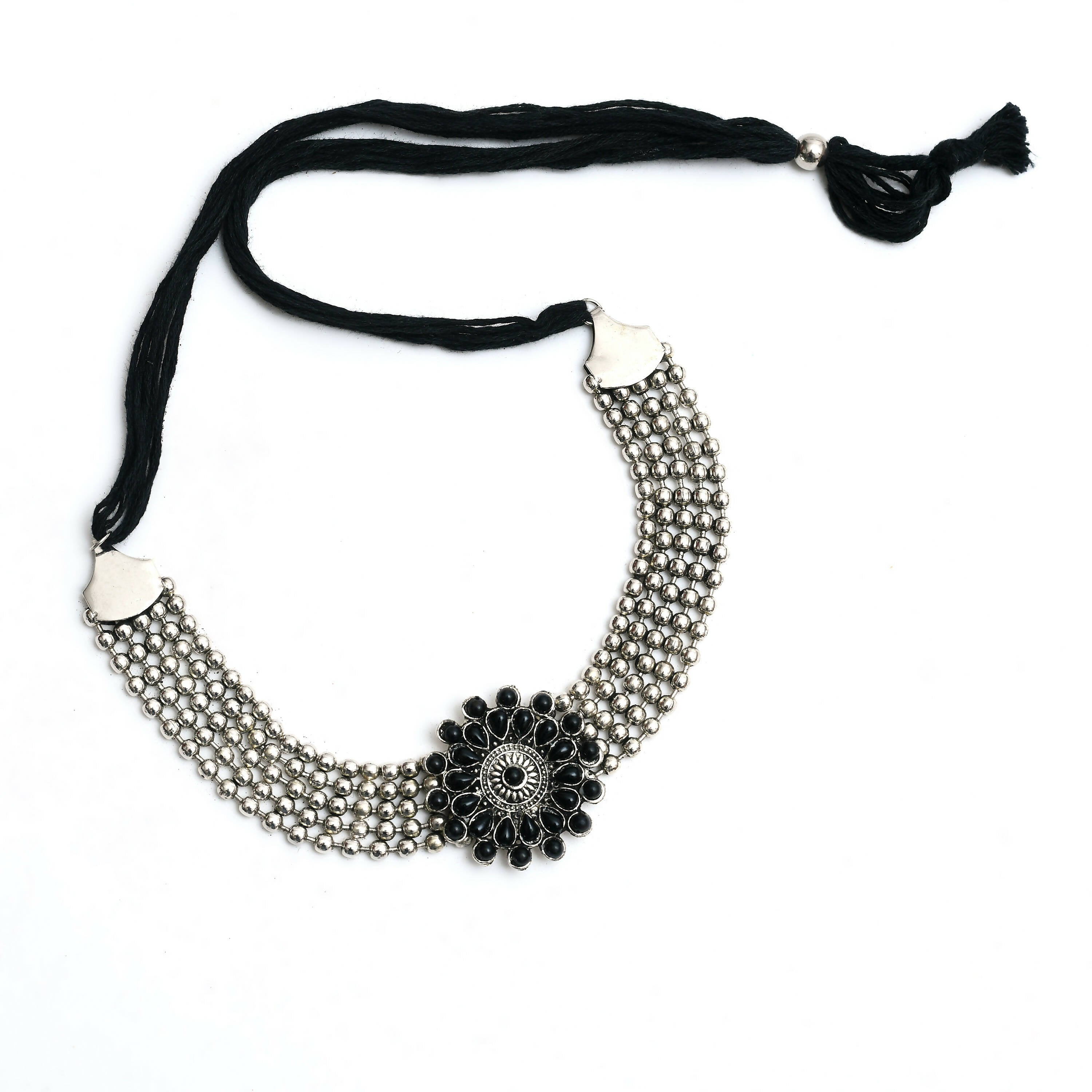 Mominos Fashion Johar Kamal Oxidised Silver-Plated Brass Finish Kundan Choker For Women (Black) - Distacart