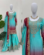 The52 Women's Beautiful Chinon silk Fabric Embroidery Work Straight Kurta Palazzo and Dupatta Set - Distacart