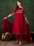 Sangria Round Neck Floral Zari Embroidered Straight Kurta with Trouser and Dupatta - Distacart
