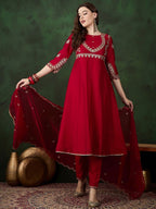Sangria Round Neck Floral Zari Embroidered Straight Kurta with Trouser and Dupatta - Distacart