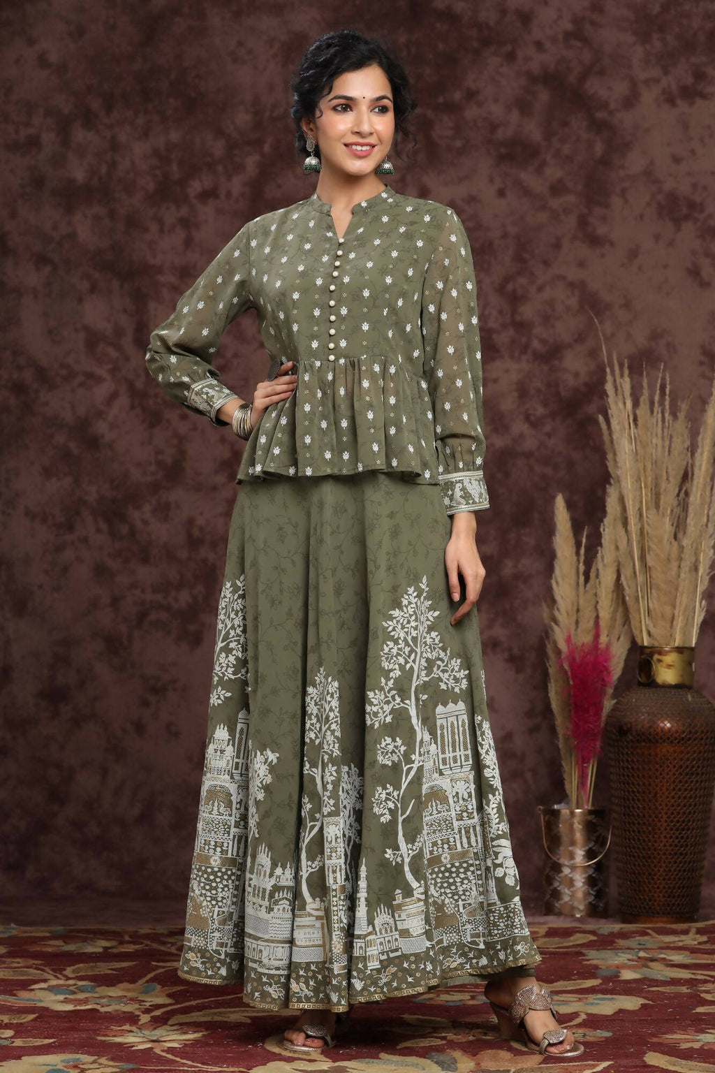 Juniper Women Olive Georgette Printed Flared Lehenga Choli Sets - Distacart