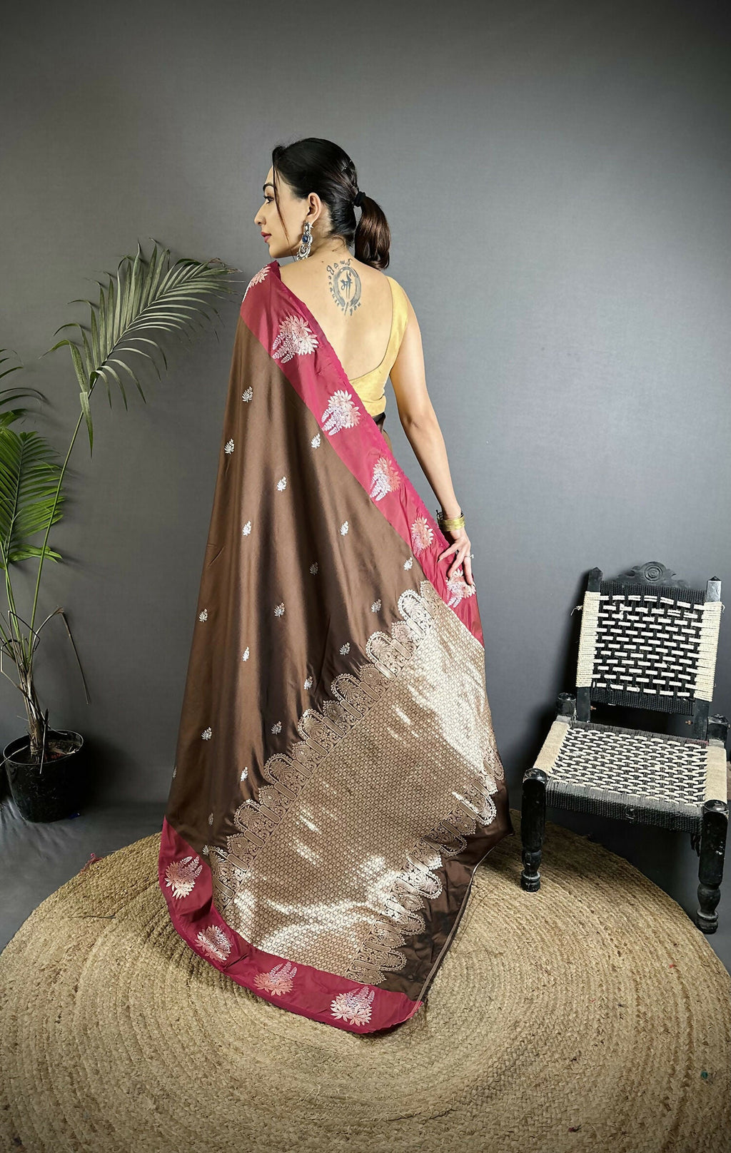 Joban Fashion Brown Small Butti Soft Silk Banarasi Saree - Distacart