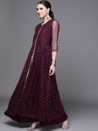 Ahalyaa Women Burgundy Polka Dots Fit & Flare Maxi Ethnic Dress - Distacart