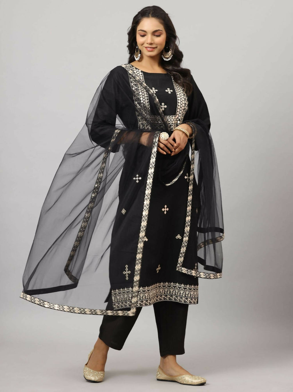 Juniper Women's Black Chinnon Solid Embroidered Kurta Set - Distacart