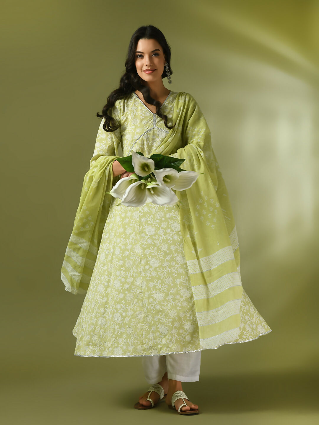 Myshka Women's Lime Green Printed Cotton Anarkali Party Kurta Set With Dupatta