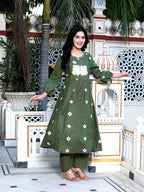 Miravan Women's Moti And Chikan Embroidered Bandhani Printed A-Line Mehandi Kurta Palazzo Set