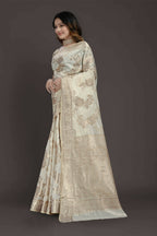 Off White Pure Raw Silk Zari Woven Saree with Unstitched Blouse Piece - Alisha