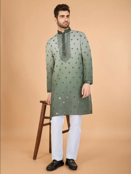 Vastranavya Ombre Green Premium Viscose Silk Thread & Sequence Embroidery work Kurta