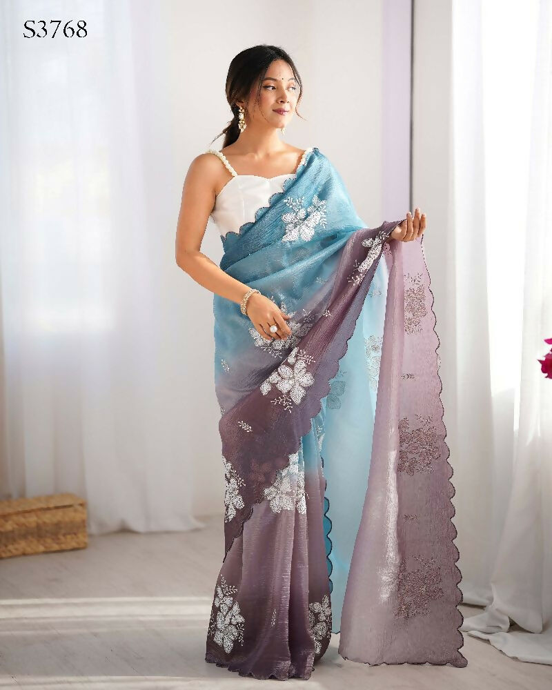 Sky Blue and Grey Crunchy Crush Pedding Color Embroidery Work Party Wear Saree - Zuleika