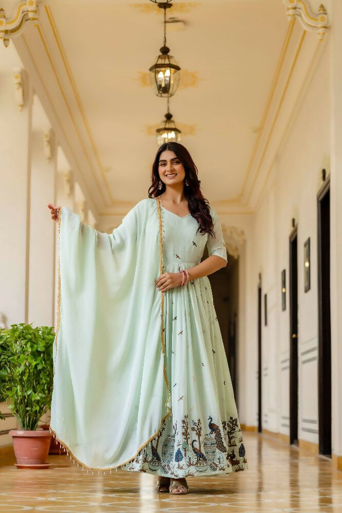 Teeya Creation Mint Green Chinnon Heavy Work Long Wedding Gown - Distacart