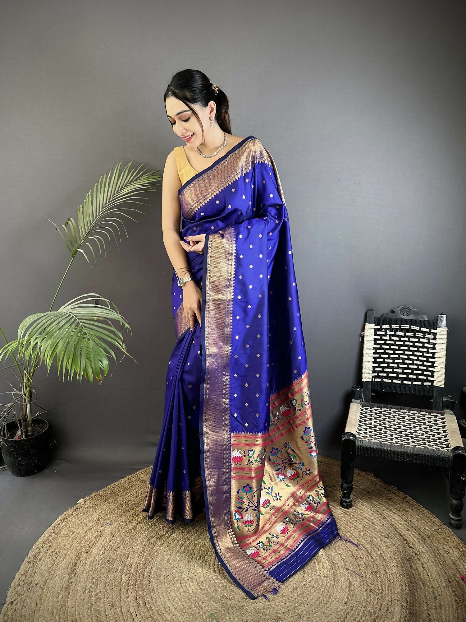 Joban Fashion Royal Blue Butti Woven Soft Lichi Silk Paithani Saree - Distacart